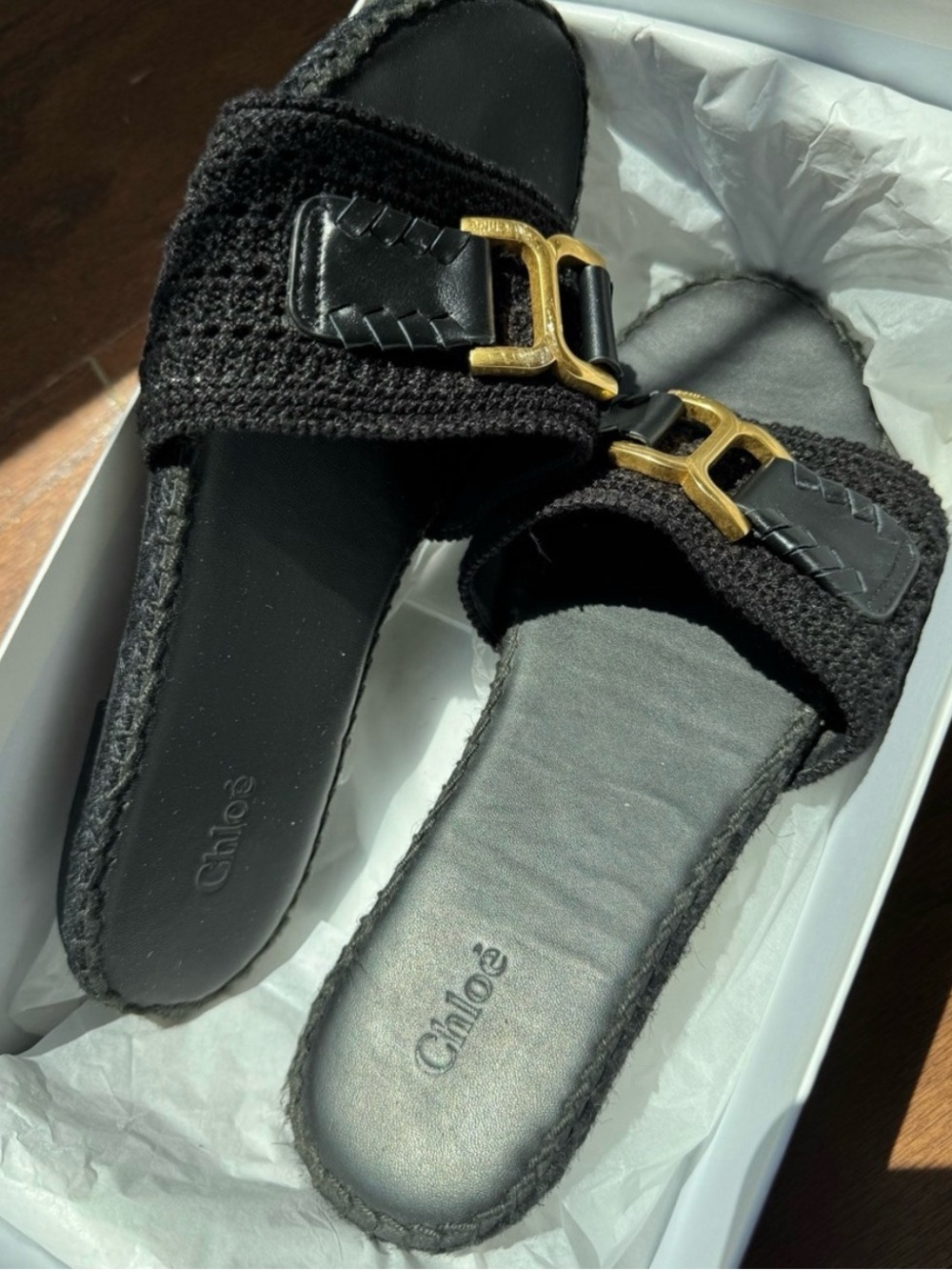Chloé Black Knit & Leather Crochet Slide Sandals with Gold Buckle